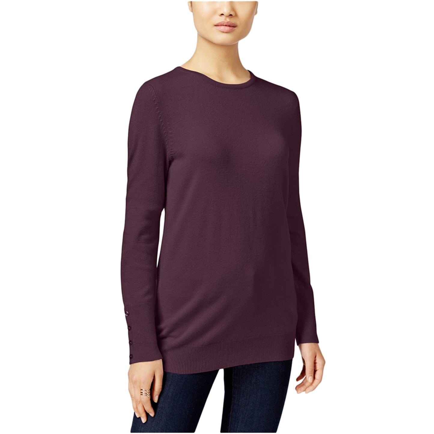 Suéter feminino JM Collection com gola redonda e punhos abotoados, roxo, tamanho extra grande