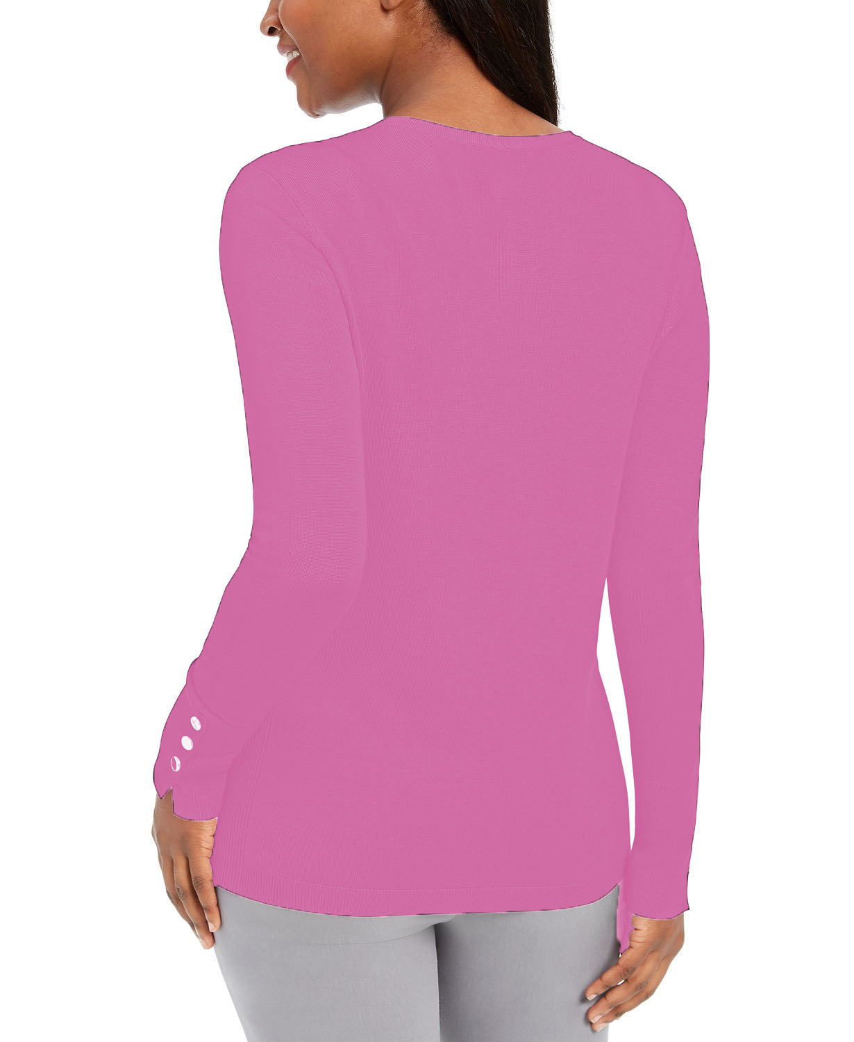 Suéter feminino JM Collection com mangas abotoadas e gola redonda, rosa, tamanho extragrande