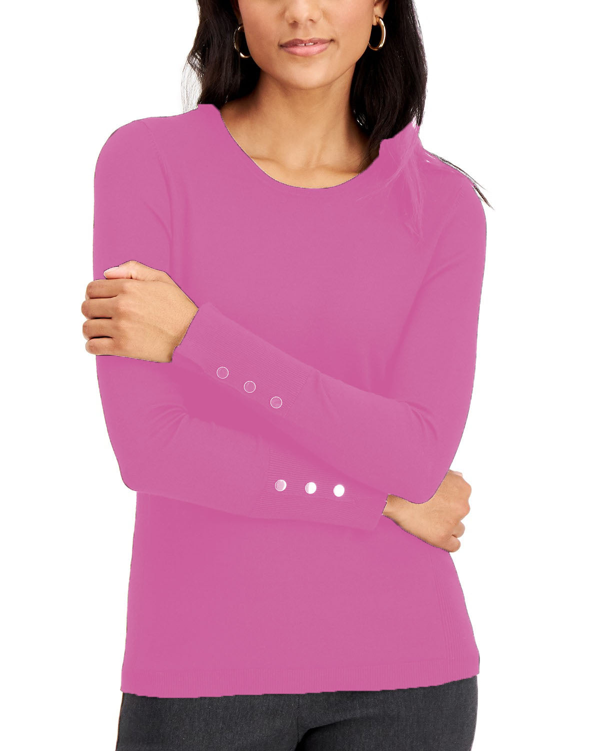 Suéter feminino JM Collection com mangas abotoadas e gola redonda, rosa, tamanho extragrande