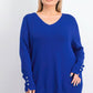 JM Collection Suéter feminino de gola redonda com punho de botão, tamanho médio, azul
