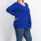 JM Collection Suéter feminino de gola redonda com punho de botão, tamanho médio, azul