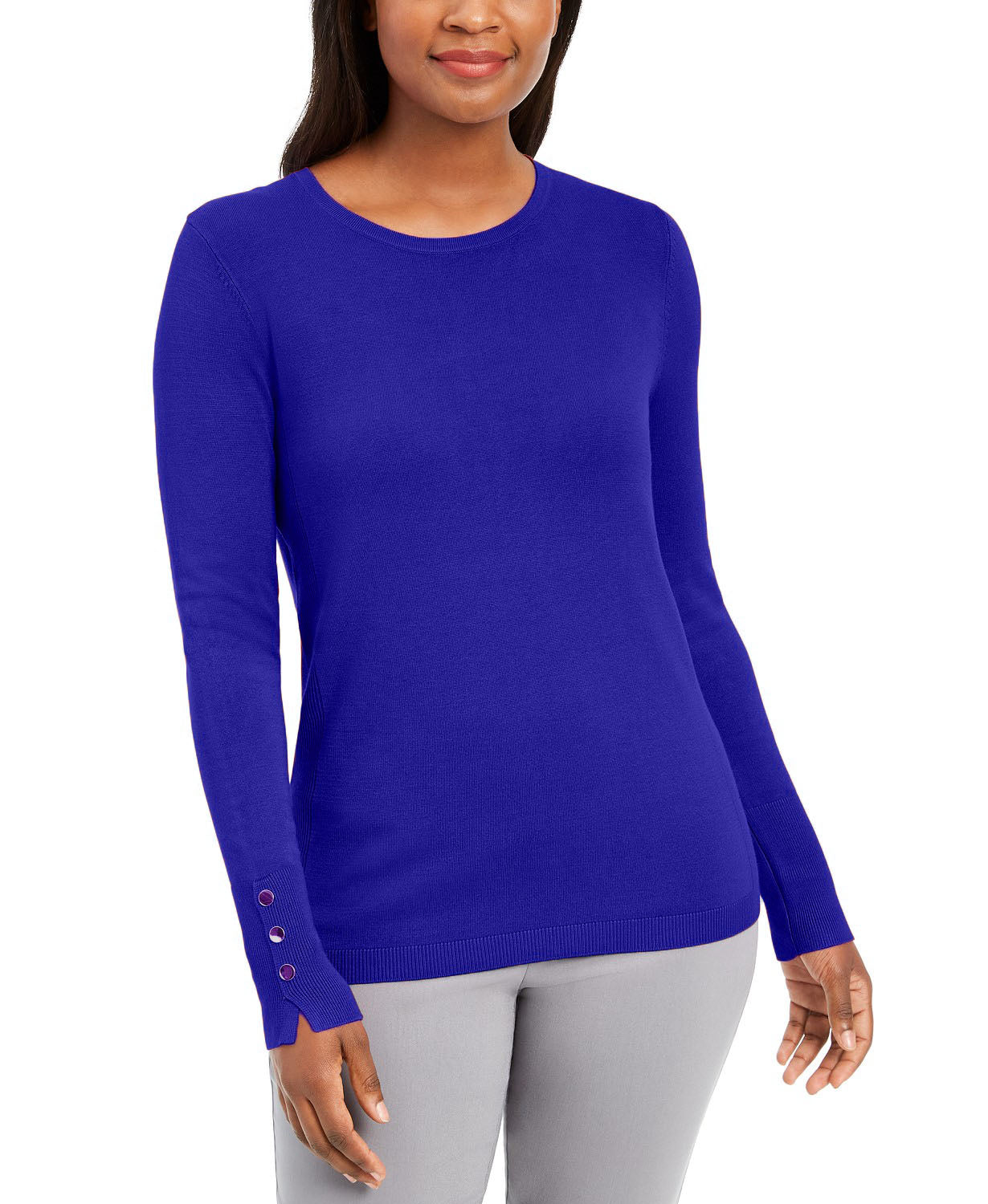 JM Collection Suéter feminino de gola redonda com punho de botão, tamanho XL, azul