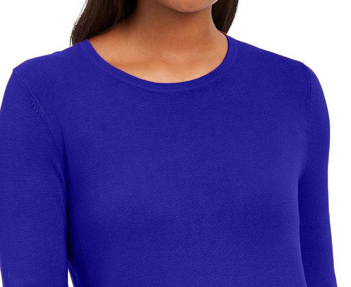 JM Collection Suéter feminino de gola redonda com punho de botão, tamanho XL, azul