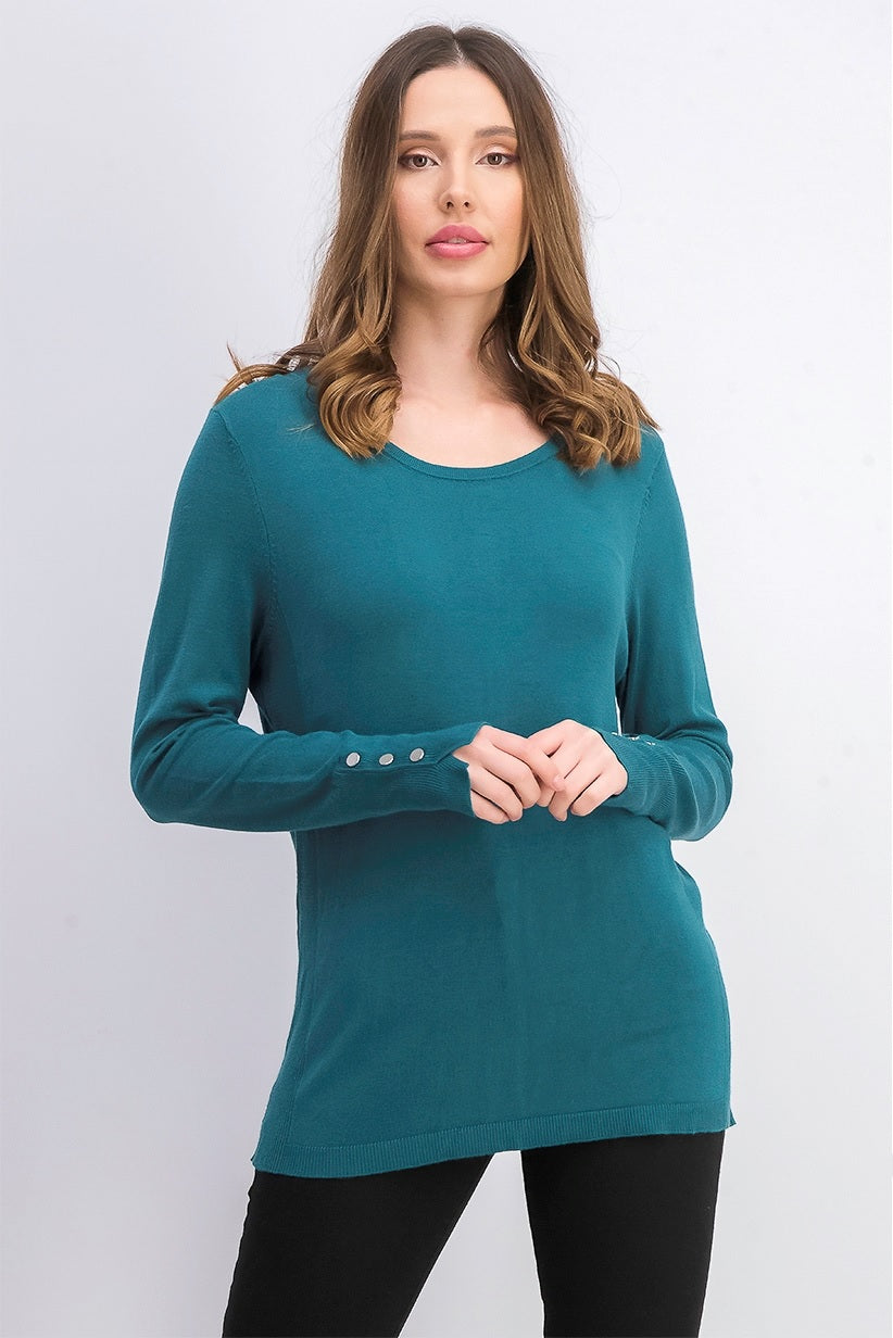 JM Collection Suéter feminino de gola redonda com punho de botão, tamanho X-G, preto