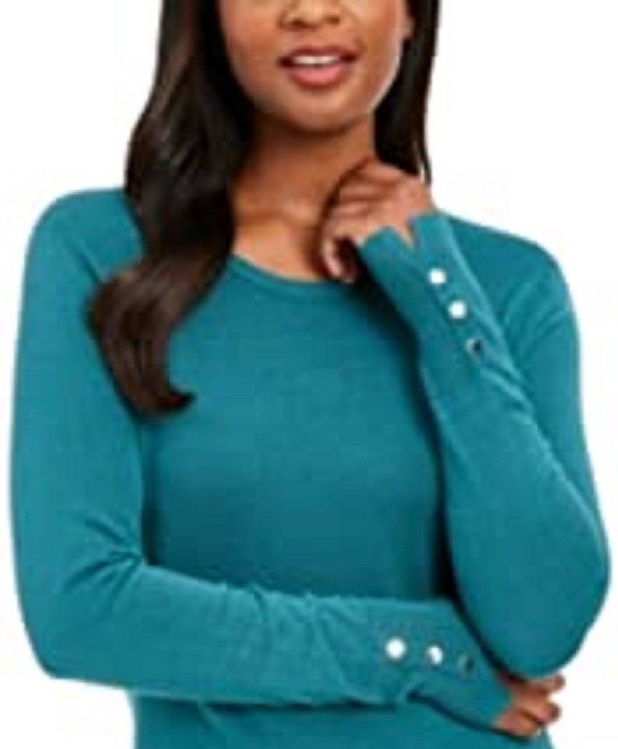 JM Collection Suéter feminino de gola redonda com punho de botão, tamanho pequeno, verde