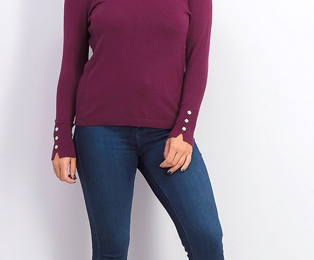 JM Collection Suéter feminino de gola redonda com punho de botão e berried Treasur tamanho pequeno médio