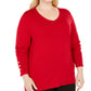 JM Collection Suéter feminino plus size com punho de botão e decote em V, vermelho, tamanho 2, extra grande