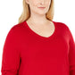 JM Collection Suéter feminino plus size com punho de botão e decote em V, vermelho, tamanho 2, extra grande