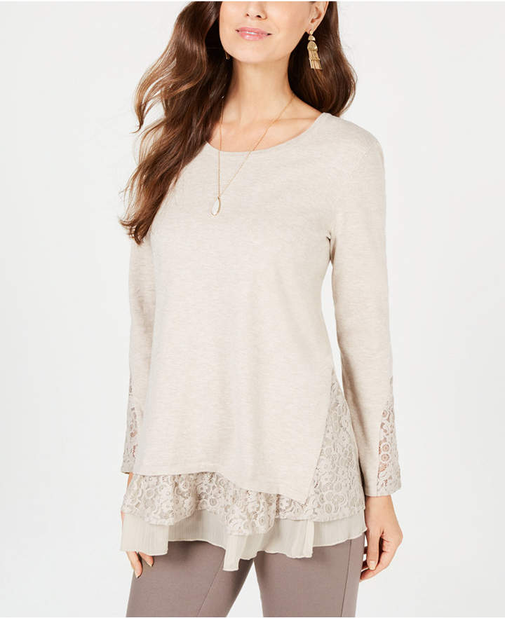 Suéter túnica feminino com bainha de renda estilo &amp; co, bege, tamanho grande