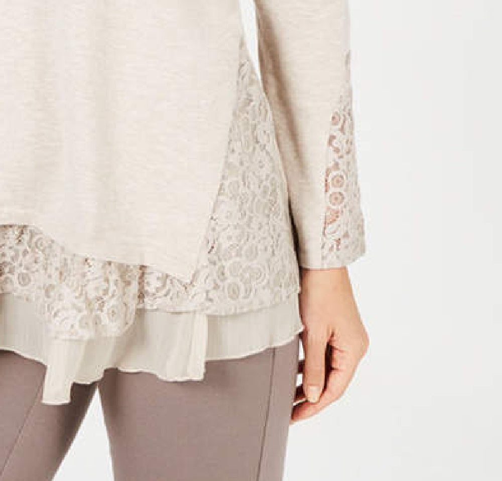 Suéter túnica feminino com bainha de renda estilo &amp; co, bege, tamanho grande