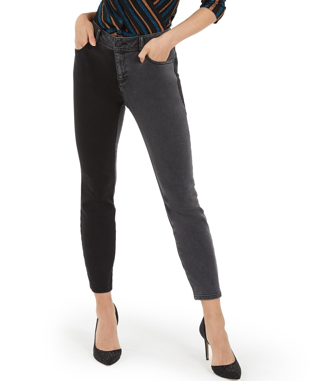 Calça jeans skinny feminina bicolor da INC International Concepts, preta, tamanho 4