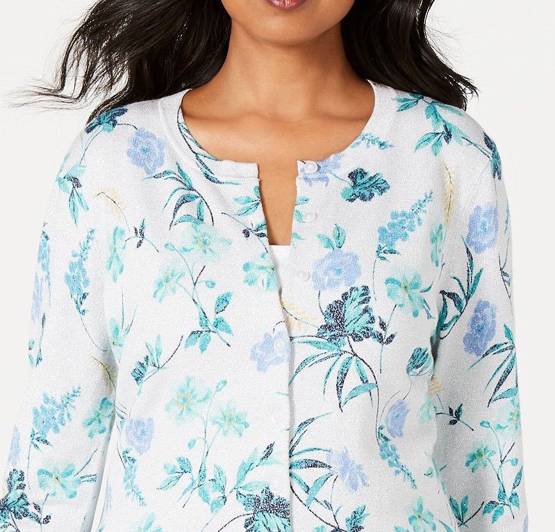 Cardigan feminino com estampa floral Charter Club, branco, tamanho pequeno