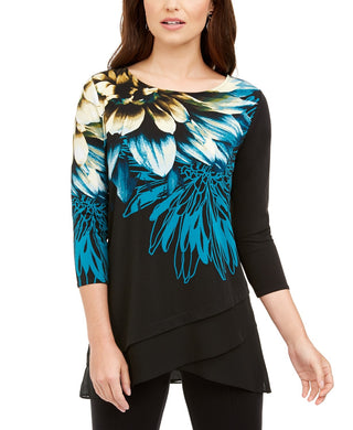 Blusa túnica feminina Alfani em camadas com bainha cruzada, preta, tamanho médio