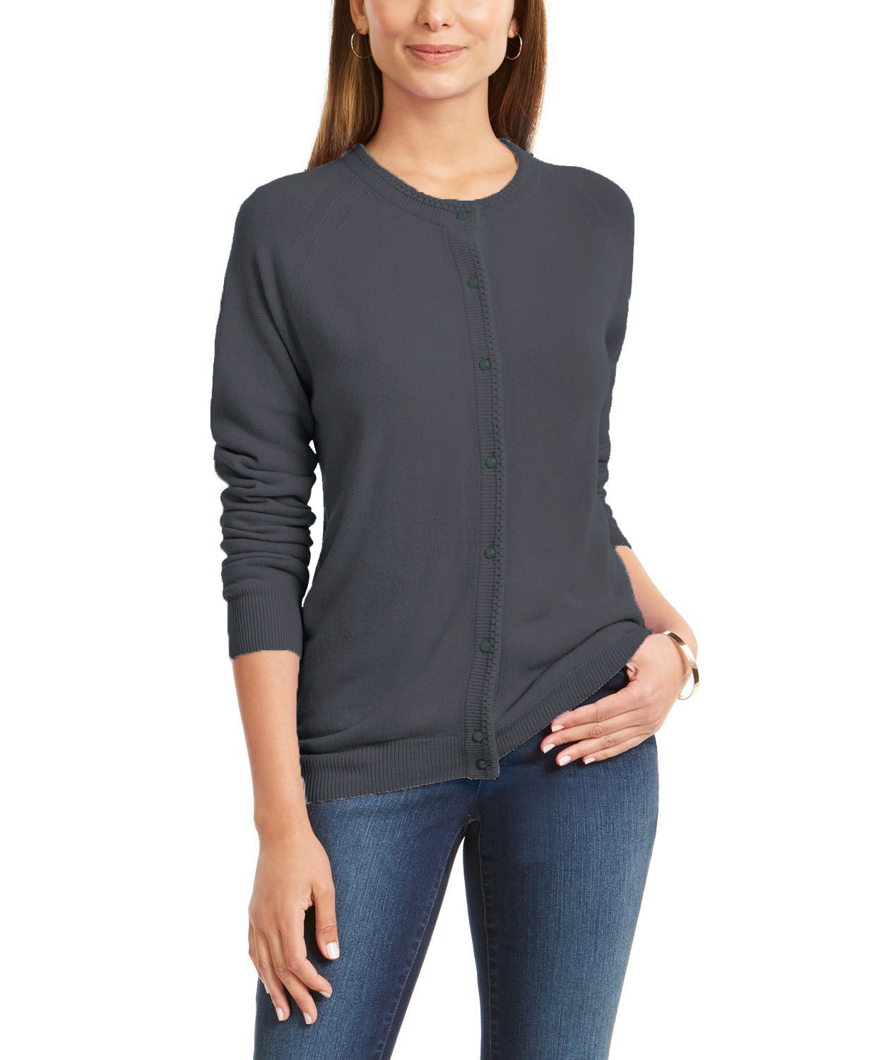 Karen Scott Cardigan Feminino com Botões e Contas Preto Tamanho Extra Grande