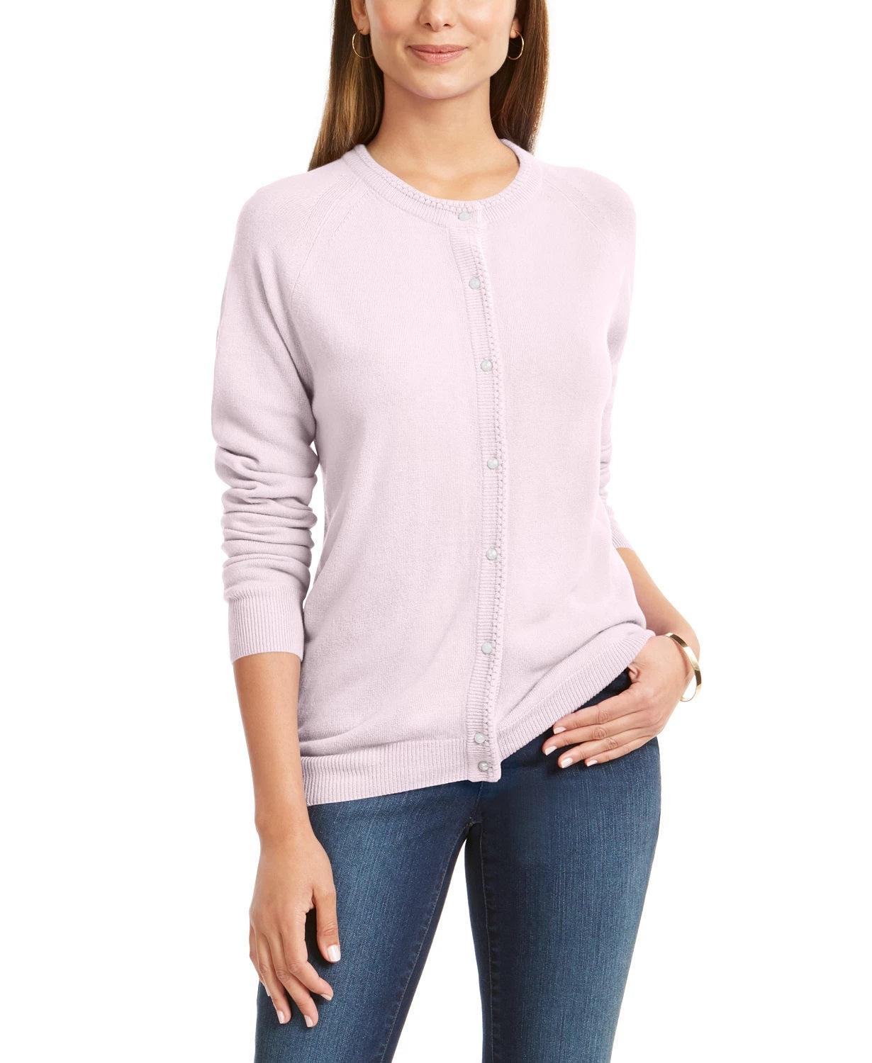 Cardigan feminino Karen Scott com botões e contas, rosa, tamanho pequeno