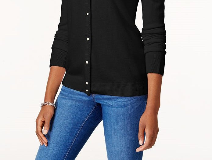Karen Scott Cardigan Feminino Petite Luxsoft Botão Preto Tamanho Petite