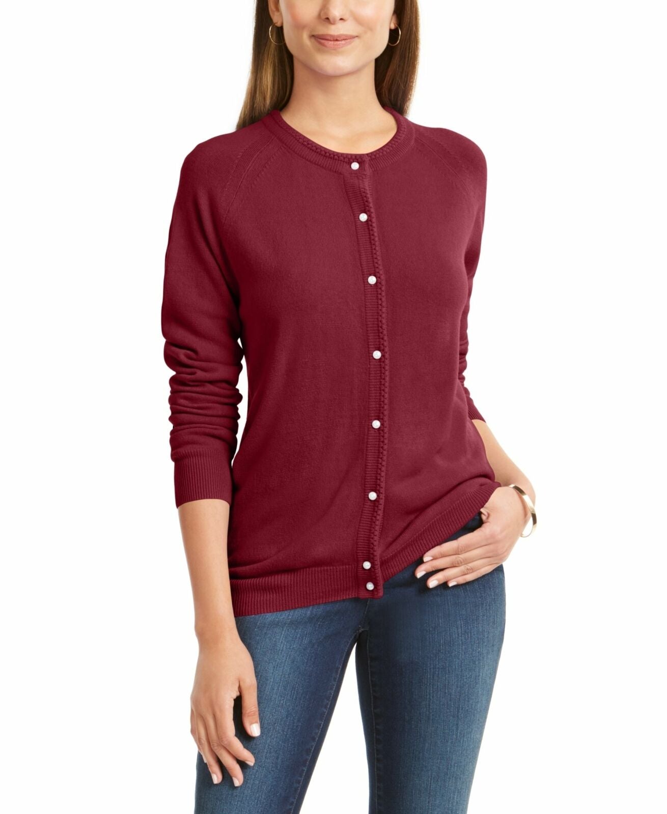 Karen Scott Cardigan Feminino Petite Luxsoft com Botões Vinho Tamanho Médio