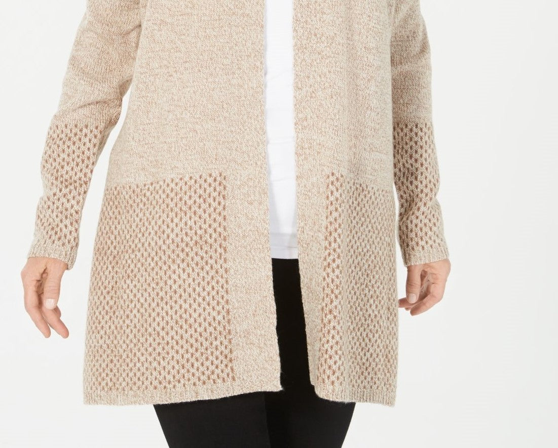 Karen Scott Cardigan Feminino com Frente Aberta e Acabamento Contrastado, Bege, Tamanho Grande