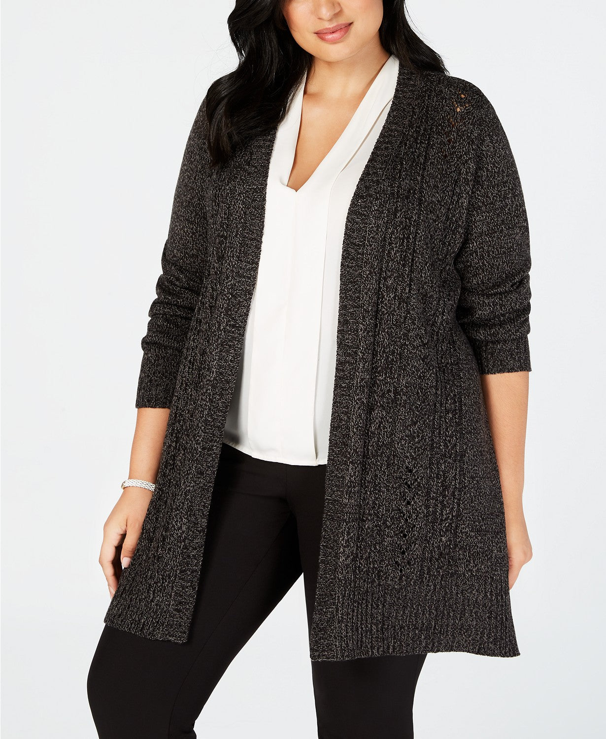 Karen Scott Cardigan feminino plus size Pointelle com frente aberta, preto, tamanho 2X