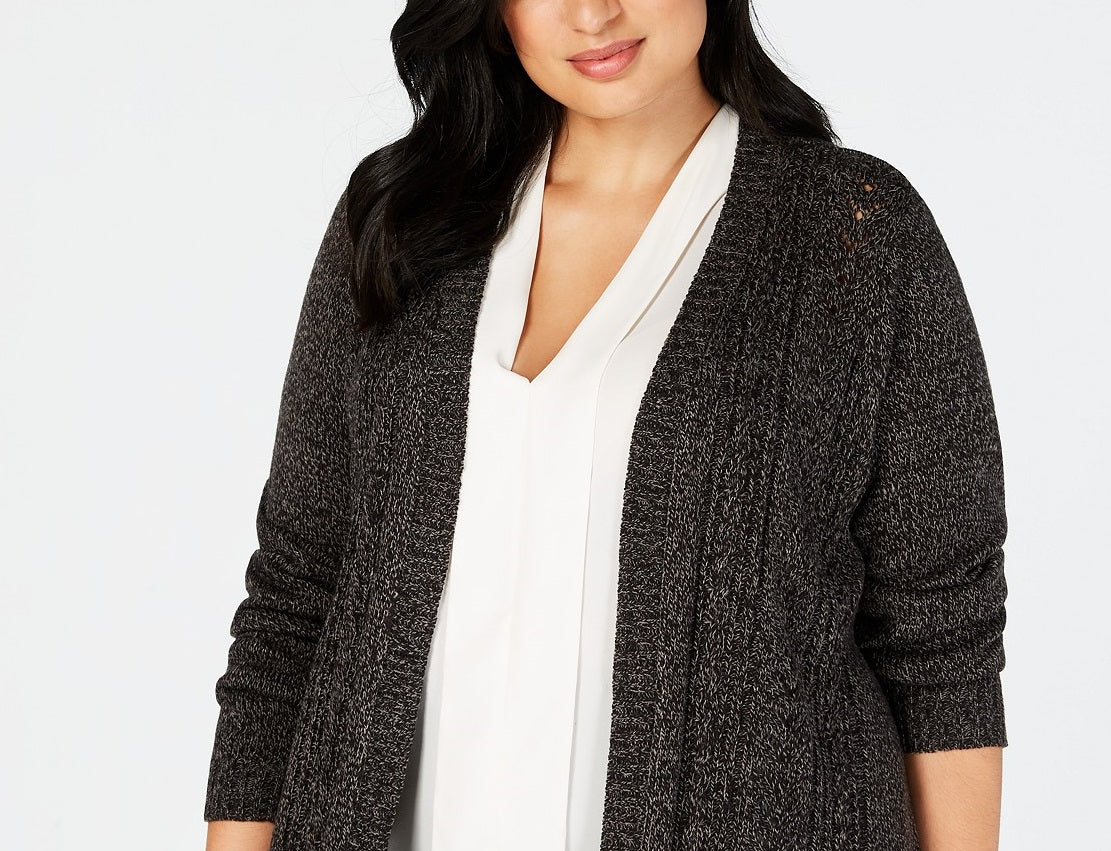 Karen Scott Cardigan feminino plus size Pointelle com frente aberta, preto, tamanho 2X