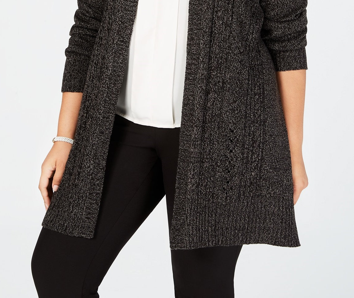 Karen Scott Cardigan feminino plus size Pointelle com frente aberta, preto, tamanho 2X