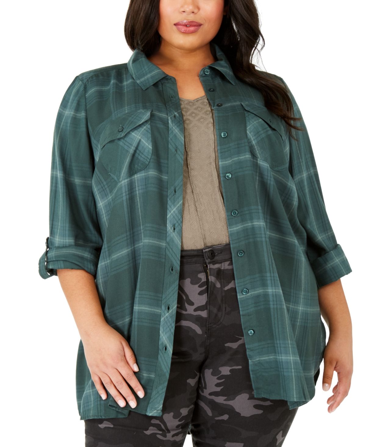 Camisa utilitária xadrez plus size feminina Style &amp; Co, verde, tamanho 1X