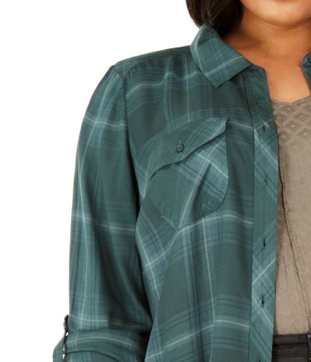 Camisa utilitária xadrez plus size feminina Style &amp; Co, verde, tamanho 1X