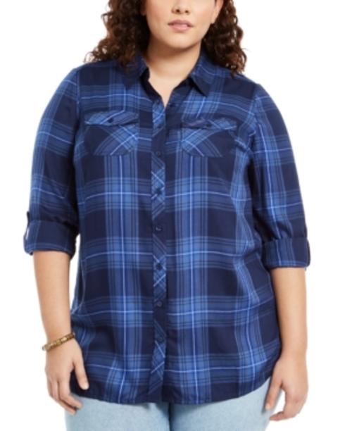 Camisa utilitária xadrez plus size feminina Style &amp; Co, azul, tamanho extra grande