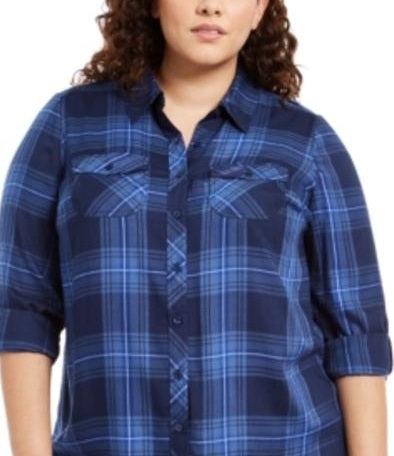 Camisa utilitária xadrez plus size feminina Style &amp; Co, azul, tamanho extra grande