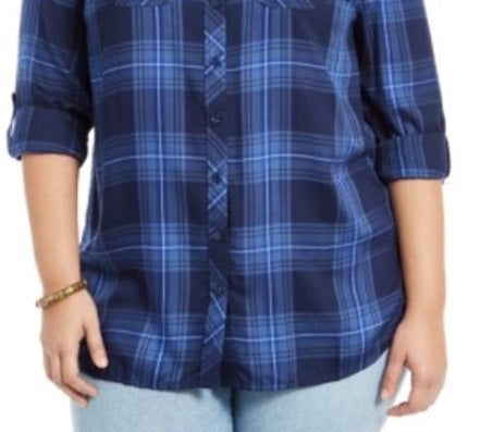 Camisa utilitária xadrez plus size feminina Style &amp; Co, azul, tamanho extra grande