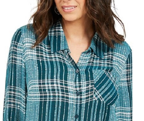 Camisa xadrez feminina Style &amp; Co com um bolso, verde, tamanho XS