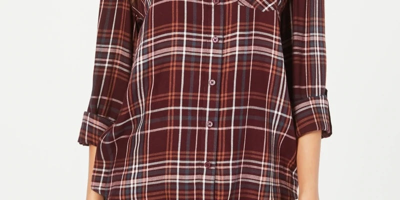 Camisa xadrez feminina estilo &amp; co, pequena, de algodão, com mangas curtas, roxa, tamanho pequeno médio