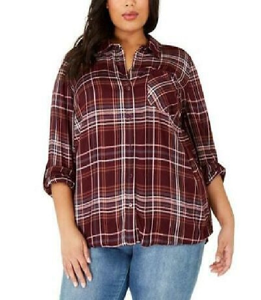 Camisa utilitária xadrez plus size feminina Style &amp; Co Berry tamanho 3 extra grande