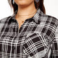 Camisa xadrez plus size feminina Style &amp; Co com botões, preta, tamanho XX-G