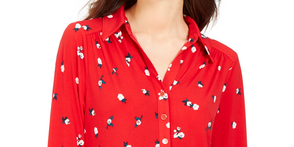 Camisa polo feminina Charter Club com estampa de manga 3/4, vermelha, tamanho X-S