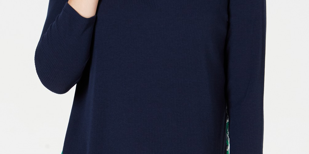 Charter Club Top Feminino Contraste Plissado Costas Caneladas Azul Tamanho P