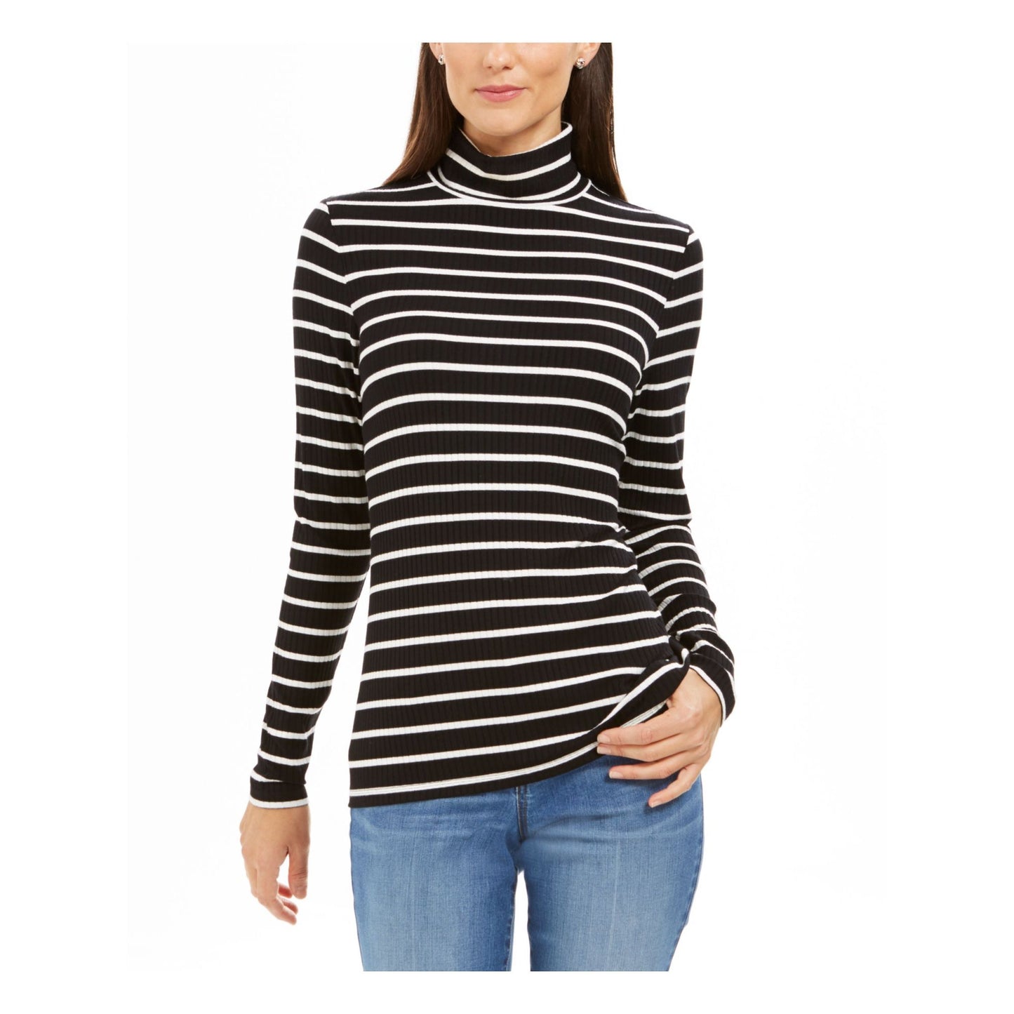 Blusa feminina listrada de gola alta Charter Club, preta, tamanho grande