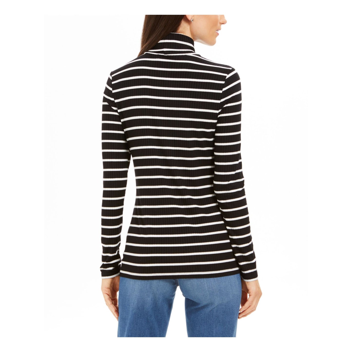 Blusa feminina listrada de gola alta Charter Club, preta, tamanho grande