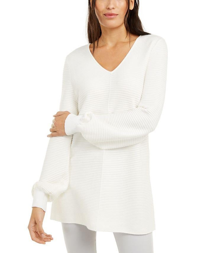 Suéter túnica de malha canelada Alfani feminino, tamanho pequeno e grande, branco