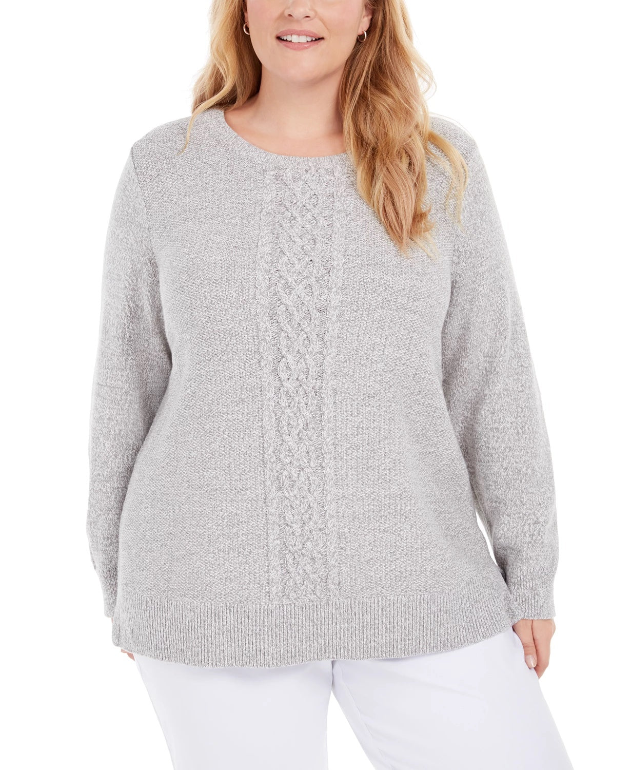 Karen Scott Suéter feminino plus size de malha trançada com painel cinza médio tamanho 1X