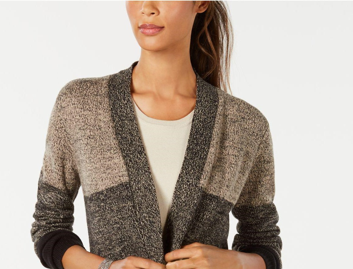 Karen Scott Cardigan Feminino Colorblocked Aberto na Frente Marrom Tamanho Extra Grande