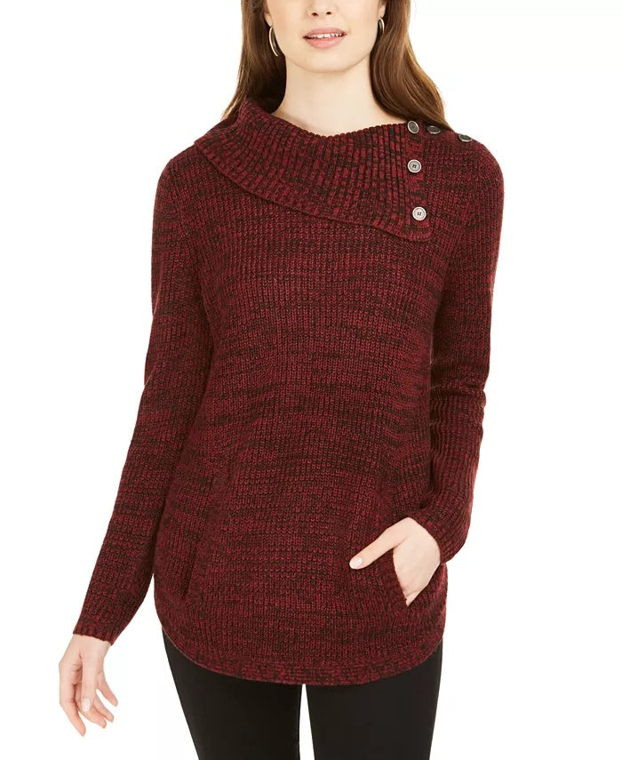 Suéter de malha feminino com gola envelope e bolso canguru, estilo &amp; co, vermelho escuro, tamanho grande