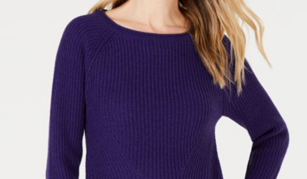 Suéter feminino texturizado roxo de manga comprida com gola joia, tamanho pequeno e roxo