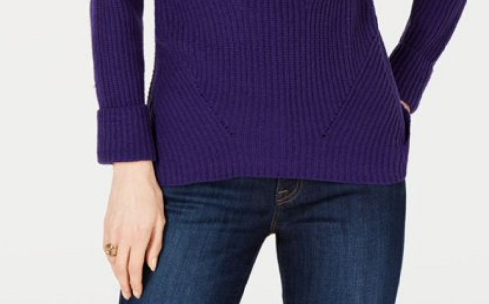 Suéter feminino texturizado roxo de manga comprida com gola joia, tamanho pequeno e roxo