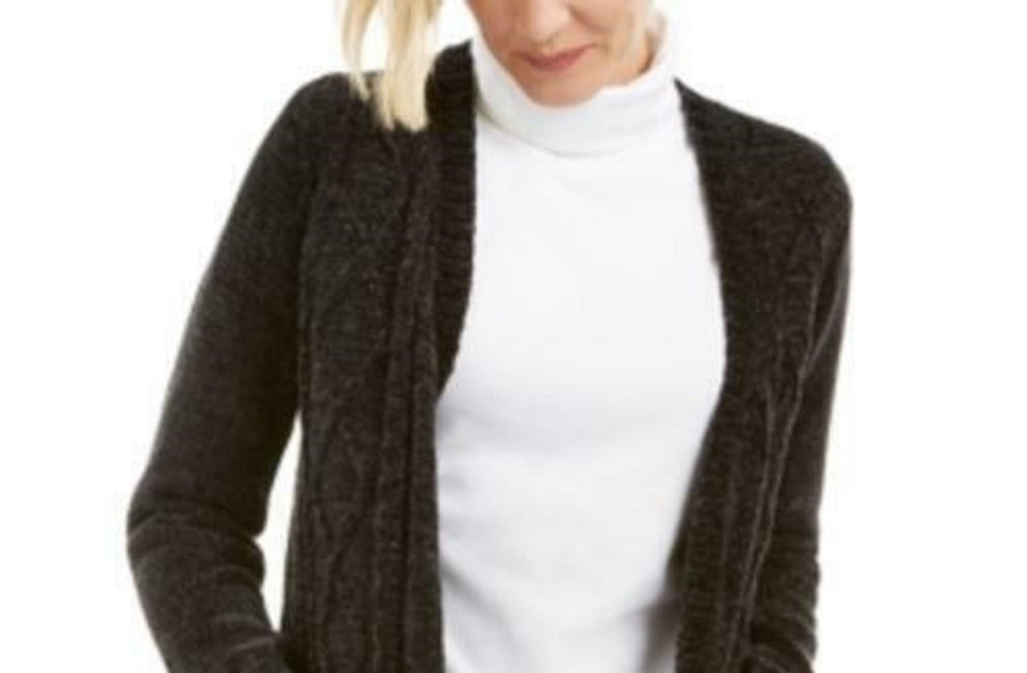 Karen Scott Cardigan Feminino Chenille Aberto na Frente Preto Tamanho Grande