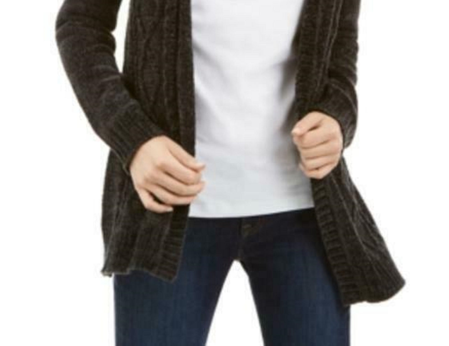 Karen Scott Cardigan Feminino Chenille Aberto na Frente Preto Tamanho Grande