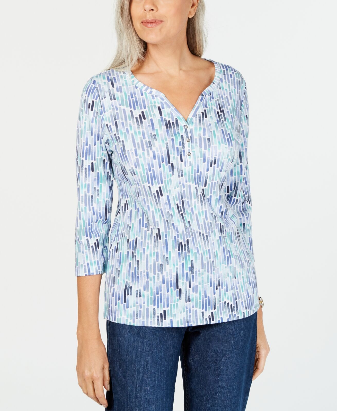 Karen Scott Blusa Henley Feminina Pequena com Estampa Aquarela Azul Tamanho P