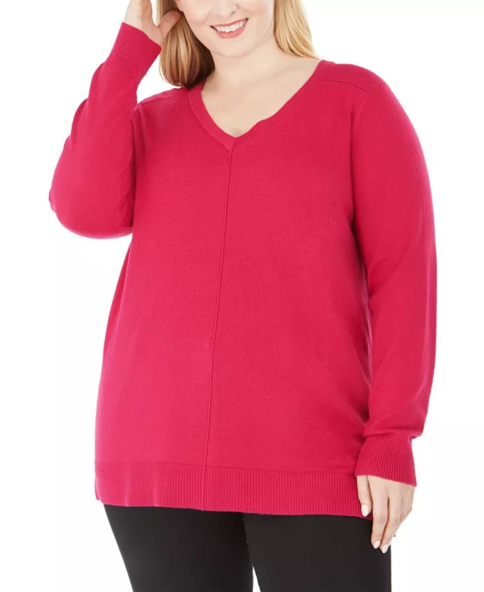 Karen Scott Suéter feminino plus size com decote em V rosa escuro tamanho 1X