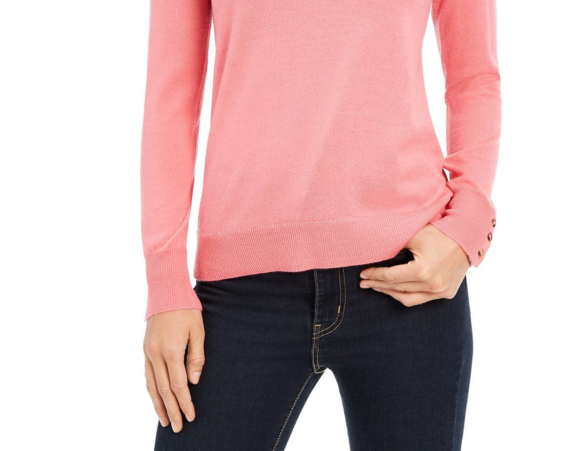Suéter feminino de lã merino com punhos abotoados e decote em V, rosa, tamanho grande