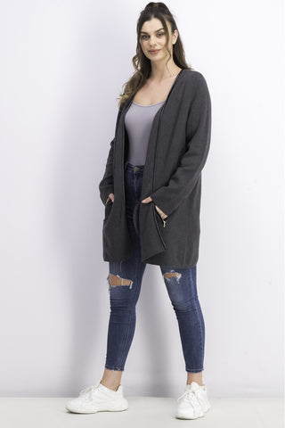 Cardigan feminino Charter Club Milano Cotton com abertura frontal, cor carvão, tamanho grande